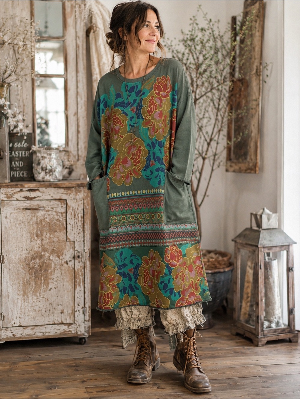Monthorigin Oversized Floral Sweatshirt Midi Dress OS Rare Boho Lagenlook Cotton